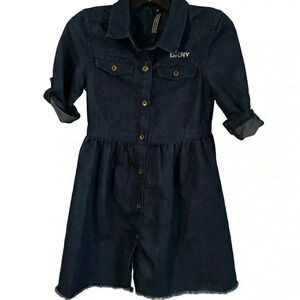 DKNY Girls Blue Chambray Denim Dress Rolled Sleeve, Raw Hem Size 4T